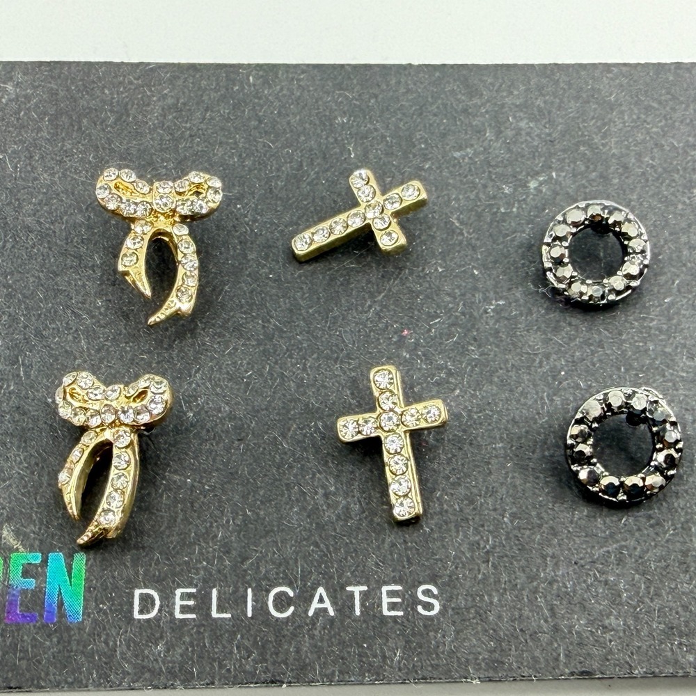Delicates Stud Earring Set Bow Cross Circle Crystal Gold & Silver Tone 6 Pc
